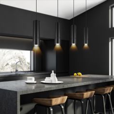 an image of a kitchen setting with bar stools and countertop area in the background