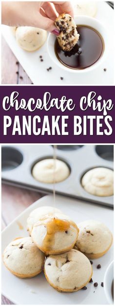 chocolate chip pancake bites being drizzled with syrup