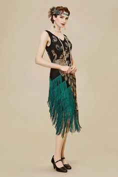 Shop 1920s Dresses - Irregular Tassel Hem Peacock Dress | BABEYOND Roaring 20s Dresses, 20s Dresses, 1920s Dresses, Fringe Flapper Dress, V Neck Design, The Roaring Twenties, Peacock Dress, Art Deco Print, Fringe Fashion