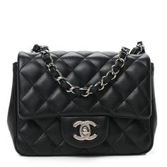 This is an authentic CHANEL Lambskin Quilted Mini Square Flap in Black. This classic bag is finely composed of luxurious diamond quilted lambskin leather in black. The bag features a waist-length polished silver chain link leather threaded shoulder strap and a polished silver Chanel CC turn lock. This opens the front flap to a black leather interior with zipper and patch pockets. Black Diamond Quilted Bag For Everyday Luxury, Black Diamond Quilted Luxury Bag, Luxury Black Shoulder Bag With Diamond Quilting, Leather Thread, Classic Bags, Polish Silver, Diamond Quilt, Waist Length, Leather Interior