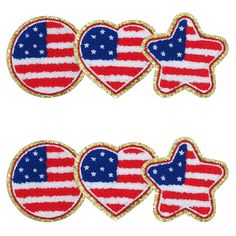 three patriotic heart shaped patches with stars on them