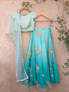 Shrena Hirawat- Blue Ombre Pearl Lehenga Set - Trendroots Indian Wedding Reception Outfit, Pearl Lehenga, Shaded Lehenga, Bridesmaid Lehenga, Pearl Work, Zardozi Embroidery, Lehnga Dress, Green Lehenga, Blue Lehenga