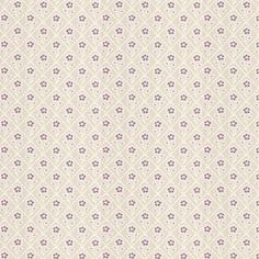 a white and purple wallpaper with small flowers on the bottom right corner, in an ornate pattern