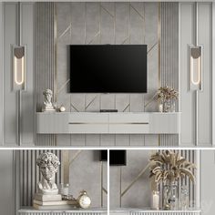 this is an image of a tv in the living room with gold accents and art deco