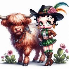 a drawing of a girl in a dress and hat standing next to a yak