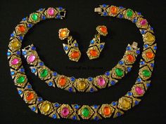 Fancy and Glam Colorful FRENCH Gripoix Poured Glass by lizystuff Multicolor Cabochon Costume Jewelry, Vintage Multicolor Jewelry With Stone Setting, Festive Multicolor Rhinestone Jewelry, Formal Jeweled Costume Jewelry Sets, Multi-stone Metal Jewelry For Party, Formal Costume Jewelry Sets With Jewels, Vintage Multicolor Rhinestone Jewelry, Colorful French, Wedding Jewelry Sets