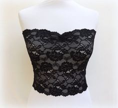 Black see through elastic lace tube top strapless by MissLaceAccessories on Etsy Lace Bandeau Top, Black Bandeau Top, Lace Tube Top, Black Lace Tank Top, Black Lace Lingerie, Low Cut Dresses, Top Strapless, Bandeau Tops, Floral Lace Tops