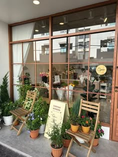 there are many potted plants in front of the store window and two wooden chairs on the sidewalk