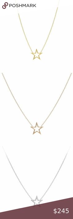 14K Solid Gold Mini Cut Out Star Necklace Description:	 14K Solid Gold Mini Star Necklace  Metal type:	14K Solid Gold (stamped 14K) Metal color:	Yellow Gold or White Gold or Rose Gold Measurement:	 16"-18" length chain. Est. Weight: 1.85 grams. Pendant:  7 x 10 mm   Brand new with box Element Shine Jewelry Necklaces Shine Jewelry, Metal Necklaces, Star Necklace, Metal Color, Or Rose, Types Of Metal, Womens Jewelry Necklace, Solid Gold, Diamond Necklace