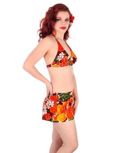 On Sale Vintage Swimsuit Bathing Suit 1970s 2 Piece Hawaiian Print Halter Small Retro Orange Swimwear For Vacation, Retro Swimwear For Beach Season, Retro Orange Swimwear For The Beach, Retro Orange Beach Swimwear, Retro Print Swimwear For Poolside, Retro Swimwear With Retro Print For Poolside, Retro Print Swimwear For Beach, Retro Print Swimwear For The Beach, Retro Halter Neck Swimwear For The Beach