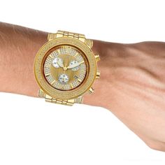 This Joe Rodeo Tyler diamond watch features 2.00 carats of diamonds, a round polished Yellow Gold stainless steel case, scratch-free crystal glass, individually numbered and engraved stainless steel case-back. Yellow Gold Stainless steel band. Fine Swiss-made quartz movement. Water-resistant to 100 m (300 ft). This men's diamond watch by Joe Rodeo comes with two interchangeable bands in different colors. The patented strap adjusts once for a perfect fit, and comes on and off with the press of a Yellow Gold Chronograph Round Watch Accessories, Yellow Gold Chronograph Watch Accessories, Modern Diamond Watch With Subdials For Anniversary, Gold Stainless Steel Diamond Watch With Round Dial, Modern Gold Chronograph Watch With Diamond Hour Markers, Gold Round Watch With Subdials, Modern Watches With Diamond Hour Markers In Diamond White, Luxury Diamond Watch With Metal Dial, Modern Diamond White Watch With Diamond Hour Markers