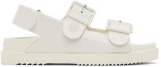 Rubber sandals in off-white. · Interlocking double G logo at vamp · Adjustable pin-buckle straps at vamp · Rubberized logo at vamp · Adjustable Velcro slingback strap · Molded rubber footbed · Logo embossed at rubber midsole · Treaded rubber outsole Supplier color: Dusty white | Gucci Off-White Double G Flat Sandals Double G Logo, Gucci Outfits, G Logo, Rubber Sandals, Buy Gucci, Embossed Logo, Luxury Streetwear, Flat Sandals, Ankle Strap