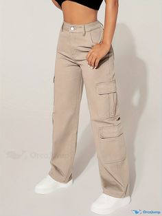 Orcajump - Flap Pockets Casual Straight Jeans, Loose Fit Y2K Style Cargo Pants, Women's Denim Jeans & Clothing Khaki Full-length Cargo Jeans, Khaki Full Length Jeans With Pockets, Full Length Khaki Jeans With Pockets, Khaki Cargo Jeans For Streetwear, Mid-rise Beige Cotton Cargo Jeans, Khaki Full Length Jeans For Streetwear, Baggy Khaki Denim Pants, Mid-rise Khaki Jeans For Streetwear, Khaki Mid-rise Jeans For Streetwear