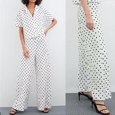 High Waisted Wide Leg Polka Dot Pants. Elegant Polka Dot Bottoms For Spring, Elegant Polka Dot Spring Bottoms, Summer Wide Leg Polka Dot Pants, Polka Dot Wide Leg Summer Pants, Chic Polka Dot Bottoms For Spring, Chic Polka Dot Long Pants, Elegant Polka Dot Bottoms For Workwear, Elegant Polka Dot Bottoms For Work, Chic High Waist Polka Dot Bottoms