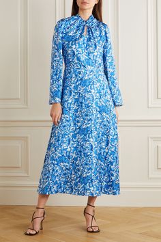 Light blue Tie-neck printed silk midi dress | Valentino | NET-A-PORTER Chic Printed A-line Midi Dress, Chic A-line Printed Midi Dress, Evening Floral Print Midi Dress, Silk Midi Dress With Floral Print, Silk Floral Print Midi Dress For Evening, Elegant Floral Maxi Dress For Daywear, Printed V-neck Midi Dress For Evening, Floral Print Mid-length Evening Dresses, Floral Print Midi Length Evening Dresses