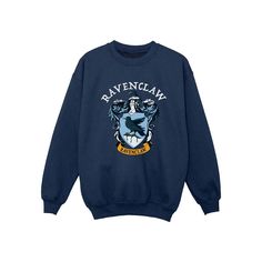 the ravenclaw sweatshirt is shown in blue and has an image of harry potter on it