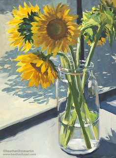 a painting of sunflowers in a vase on a window sill