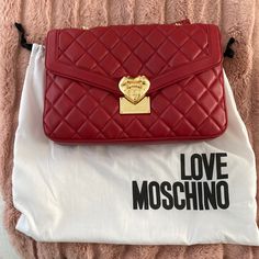 Love Moschino Red Leather Quilted Bag. Never Used! Vintage Design! Comes With Original Dust Bag And Packing Material Inside. Can Be Worn As A Shorter Bag Or As A Single Strap. Strap Measures 17 Inches. A Really Good Designer Option For Those Who Really Want A Quilted Leather Designer Bag Without The Expensive Markup Pretty Visuals, Navy Blue Purse, Moschino Bag, Moschino Bags, Blue Purse, Bags Logo, Large Handbags, Black Leather Handbags, Black Shoulder Bag