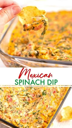 mexican spinach dip in a glass casserole dish