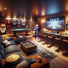 This ultimate man cave has it all; a large TV with surround sound, vintage jukebox, gaming console, professional pool table and a mini-bar. Personalized with framed sports memorabilia, for a cozy touch. #ManCave #HomeEntertainment #BasementDesign #GamingRoom #HomeBar #PoolTable Movie Man Cave, Bar Nook Ideas, Bar Lounge Room Ideas, Home Pub Ideas, Gaming Nook, Room Projector, Officine In Garage, Bar Nook, Whiskey Lounge