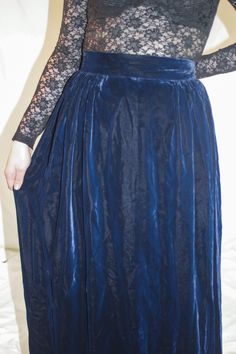 "Stunning glossy blue velvet vintage maxi skirt, of 100% rayon , very beautiful fabric Feels a lot Victorian inspired, in the 70s and early 80s this trend was all the rage. Very elegant, luxurious looking, designed to sit at the natural waistline (thinnest part of the waist) The colour is very dark, rich blue, I had to use flash and bright lights taking these pics for colour to show up in photos. In darker lighting or in the evening it may appear almost black. It has lining inside, and is well m Blue Maxi Skirt For Evening, Velvet Skirt Long, 50s Pencil Dress, Vintage Maxi Skirt, Lace Nightgown, Velvet Skirt, Dress Satin, Jacquard Dress, Vintage Velvet