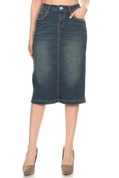 This vintage blue denim skirt is a must-have staple piece for all year long! This skirt is made of stretch fit denim and features cute front and back basic pockets. This timeless skirt is perfect for everyday wear! It can be easily paired with sneakers for fun afternoons or can be styled with cute wedges for a more semi-casual look. Please order according to your number size. Size No. Size Waist Hips Length XS 0/1 27.5" 34.5" 28" S 2/4 29.5" 36.5" 28" M 6/8 31.5" 38.5" 28" L 10/12 34" 41" 28" XL Dark Wash Knee-length Bottoms For Fall, Fall Dark Wash Washed Denim Skirt, Midi Denim Skirt, Semi Casual, Cute Wedges, Midi Denim, Blue Denim Skirt, Plaid Blanket Scarf, Denim Jean Skirt