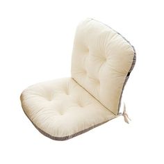 a white chair with grey trim on the back and seat cushion is upholstered