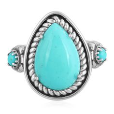 This beautiful ring features one large 10x15 mm teardrop-shaped genuine Kingman Turquoise and is flanked by 2 additional smaller round Kingman Turquoise gemstones. All are prong-set in nickel-free .925 Sterling Silver with rope border detailing, concha flower and fan designs and an oxidized, polished finish. Kingman Turquoise is prized for its rich blue hues and distinctive black or brown matrix, sourced from the Kingman Mine in Arizona, one of the oldest and most productive Turquoise mines in t Southwestern Blue Turquoise Teardrop Ring, Southwestern Teardrop Blue Rings, Southwestern Blue Teardrop Ring, Bohemian Teardrop Turquoise Ring, Southwestern Teardrop Turquoise Gemstone Ring, Blue Cabochon Teardrop Ring, Southwestern Teardrop Turquoise Ring, Blue Teardrop Cabochon Rings, Southwestern Style Teardrop Turquoise Ring