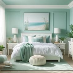 Seafoam Green and White Calming Bedroom Color Scheme Seafoam Green Bedroom, Calming Bedroom Colors, Calming Bedroom, Bedroom Oasis, Living Room Orange, Bed White, White Headboard, Serene Bedroom, Casa Vintage