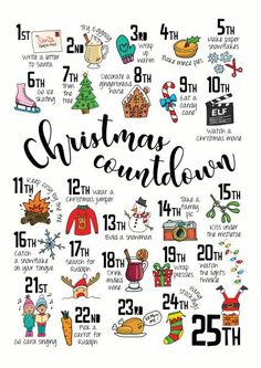 a poster with the words christmas countdown written in black and white, surrounded by hand drawn doodles