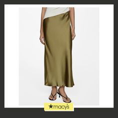 in stock Green Maxi Skirt For Night Out In Spring, Chic Green Maxi Skirt For Night Out, Midi Satin Skirt, Women Midi, Satin Skirt, Green Skirt, Womens Skirt, Mango, Pick Up