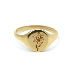 14k Customized Engraving Signet Ring - Handmade in NYC, Jewelry Designer Brand – VicStone.NYC Flower Gold Ring, 14k Gold Signet Ring, Nyc Jewelry, Dark Days, Fine Gold Jewelry, Gold Color Ring, Daffodil Flower, Gold Face, Signet Rings