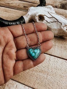 "Add a statement piece to your look with The Heart Necklace. Features a Turquoise Heart Shaped Pendant necklace. Crafted from 18\" sterling silver cable chain for a unique and eye-catching accessory that matches any look. Grab yours now. HEART NECKLACE Stone Heart Western chain necklace | blue turquoise  | Punchy Cowgirl | Western Rodeo Necklace *Jewelry is final sale and not applicable for exchanges or returns*" Punchy Cowgirl, Western Fashion Jewelry, Country Rings, Heart Shaped Pendant Necklace, Heart Shaped Pendant, Cowgirl Jewelry, Western Rodeo, Necklace Stone, Turquoise Heart