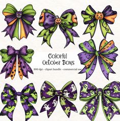 halloween themed hair bows with pumpkins and ghostes on the top, two green and one purple