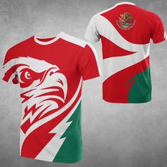 The Mexico Eagle T Shirts Sporty White Printed T-shirt, White Team Spirit T-shirt With All Over Print, White Jersey T-shirt With All Over Print, Team Spirit Sublimation Shirt With All Over Print, Green Sublimation Print Jersey T-shirt, Green Jersey T-shirt With Sublimation Print, Multicolor Custom Print T-shirt For Sports Events, Red Crew Neck Sublimation Design With All Over Print, Sublimation Print Jersey T-shirt For Streetwear