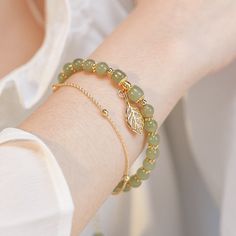 Double Chain Bracelet, Leaf Bracelet, Classic Bracelets, Attract Wealth, Jade Bracelet, Layered Jewelry, Leaf Charms, Natural Jade, Layered Bracelets