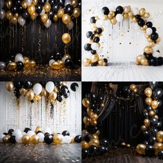 black and gold balloons are hanging from the ceiling