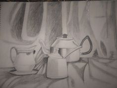 a drawing of two teapots on a table