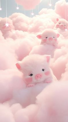 a group of little pigs floating in the air with pink clouds and stars above them