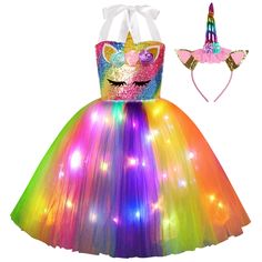 PRICES MAY VARY. 【Perfect unicorn party decorations】Girls unicorn dress with fancy sequin top and light up tutu bottom, a great unicorn costume for party that no girls should miss! The colorful LED lights is battery operated, it goes around the whole unicorn tutu with about 60pcs lights, glowing at night very well. 【Girls dress up clothes】Trust this rainbow unicorn birthday dress also a lovely dress up clothes for little girls. It come with unicorn headband, girls can wear it to be a pretend uni Girls Unicorn Costume, Unicorn Dresses, Girl Unicorn Costume, Halloween Tutu Dress, Halloween Birthday Party Decorations, Light Up Dresses, Princess Tutu Dress, Halloween Tutu, Unicorn Dress