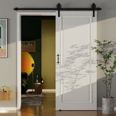 an open door leading to a living room with a potted plant in the corner