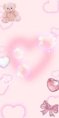 there is a teddy bear and other items on the pink background with heart shaped bubbles