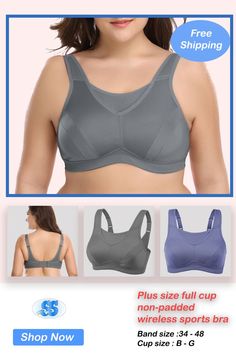 Plus size full cup non-padded wireless sports bra. Sizes are from 34B up to 48G. Comfortable Sports Bra For Gym, Comfortable Gym Sports Bra With Built-in Bra, Supportive Comfortable Sports Bra For Gym, Supportive Comfortable Sports Bra, Supportive Comfortable Sports Bra For Sports, Comfortable Medium Support Sports Bra, Comfortable Medium Support Sports Bra For Sports, Supportive Sports Bra With Breathable Fabric, Comfortable Sports Bra With Medium Support