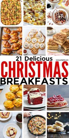 the cover of 21 delicious christmas breakfasts, with pictures of different pastries and desserts