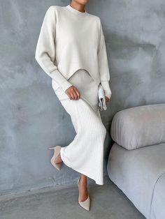 Woman Asymmetrical Hem Two Piece Winter Sweater Co-Ords White Casual    Plain Skirt Non-Stretch  Women Clothing, size features are:Bust: ,Length: ,Sleeve Length: Winter Fashion With Skirts, Sweater Sets Outfits, Ways To Style A Sweater, Sweater Set Outfits, Sweater Sets, Plain Skirt, Top And Pants Set, Winter Sweater, Fashion 2024