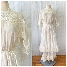 Gorgeous antique blouse from the Edwardian period - early 1900s.  Delicate blouse has a fine semi sheer cotton bodice that feels like silk - below the lace in the front.  Pretty floral designs. With mesh netting and open lace work that continues around the back.  The back is totally mesh and lace so its sheer. The sleeves have 2 lace and mesh layers that begin below the very fine mesh below the shoulder edge, the shorter layer lays on top.  Fine lace detail at the end of the sleeves and across t Victorian Long Sleeve Dress For Daywear, Daywear Victorian Dress With Lace Patchwork, Spring Victorian Lace Dress, Victorian Dress With Lace Collar For Daywear, Vintage White Victorian Dress For Spring, Summer Victorian Lace Dress, Spring Vintage White Victorian Dress, Vintage Victorian Dress With Broderie Anglaise For Wedding, Vintage Victorian Dress With Lace Patchwork