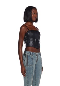 This corset top has a vegan leather construction with structured boning, an attached lace-up underbust design, adjustable shoulder straps, a curved hem, and a back zipper closure. Kiss Outfits, Pink Bling, Underbust Corset, Streetwear Y2k, Y2k Fashion, Corset Top, Dolls Kill, Exclusive Collection, Leather And Lace