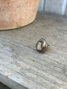 an old ring sitting on top of a wooden table next to a potted plant