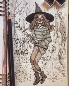 a drawing of a girl wearing a witches hat and holding a wand in her hand