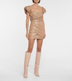 Off-shoulder leather minidress in beige Fitted Leather Mini Dress, Mini Length Leather Dress, Leather Knee-length Mini Dress For Date Night, Luxury Mini Dress For Date Night, Leather Mini Dress For Evening, Leather Knee-length Mini Dress For Party, Fitted Knee-length Faux Leather Mini Dress, Leather Mini Dress For Party, Chic Leather Mini Dress